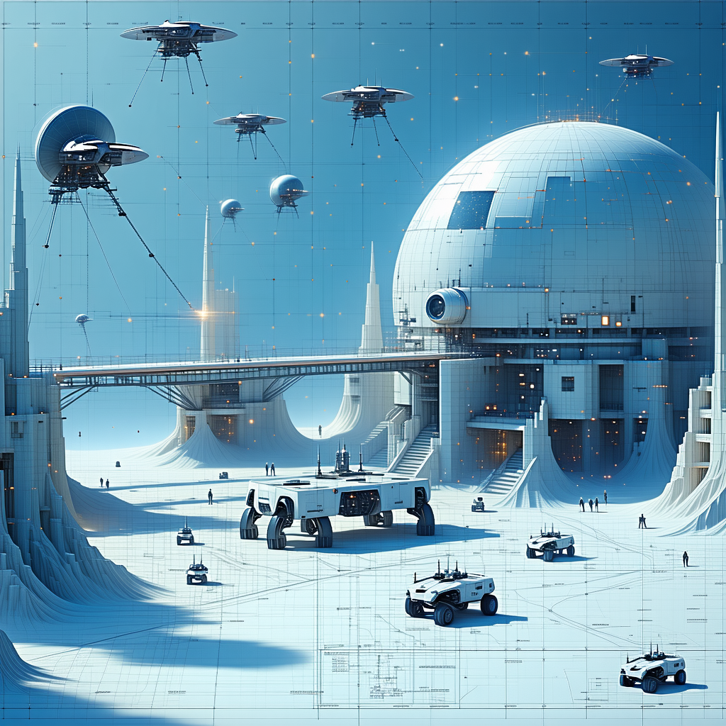In This Futuristic Scene, A Large White Dome Is Surrounded By Numerous Small White Spheres