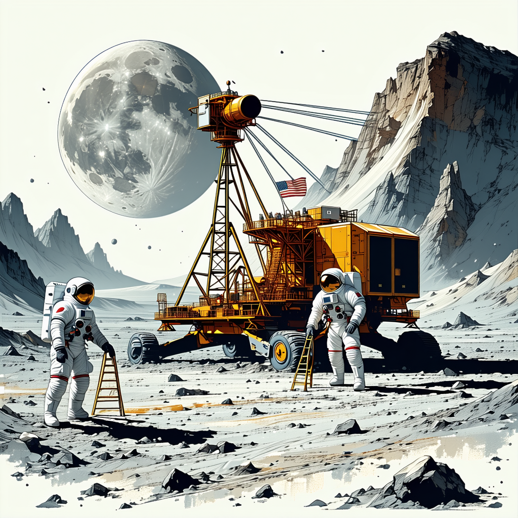 In The Image, There Are Two Astronauts Standing On The Moon, Working On A Large Yellow Machine