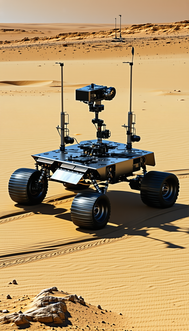 A Large Robotic Vehicle With A Camera Mounted On Top Of It