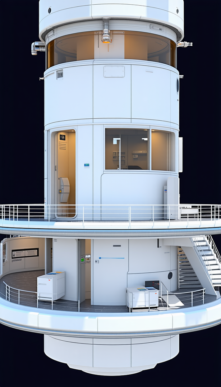 The Image Is A 3d Rendering Of A Large White Building With A Spiral Staircase