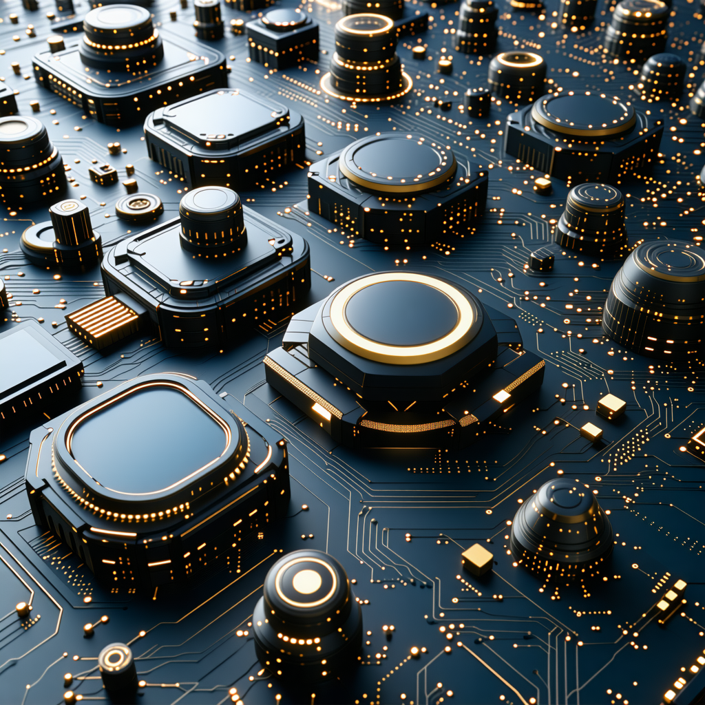 The image is a close-up of a computer circuit board with many elect...