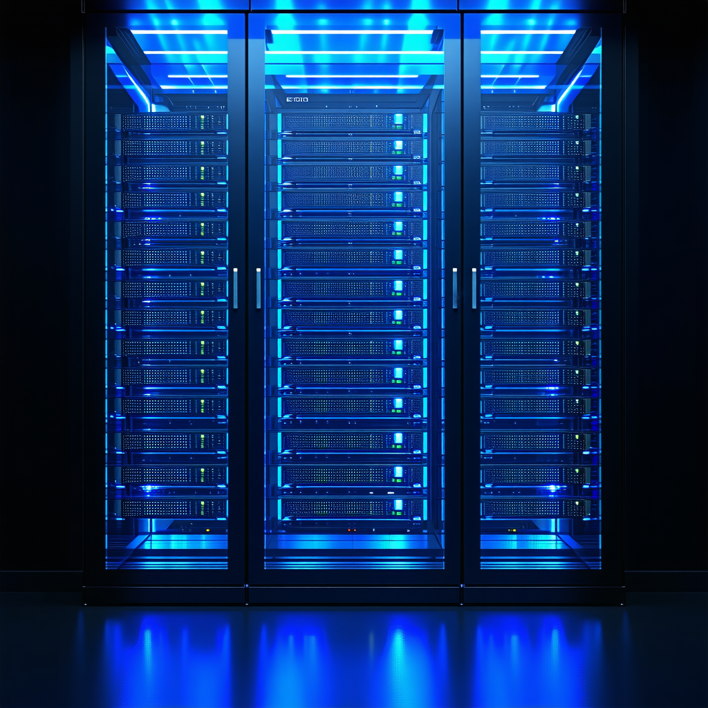 The image features a large blue server room with a blue glow.
