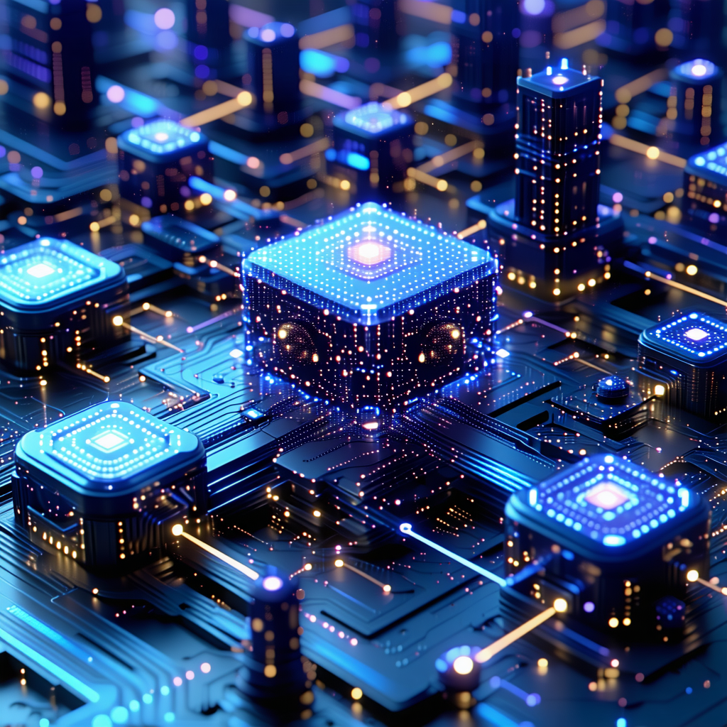 The image is a futuristic cityscape with a large blue cube at the c...