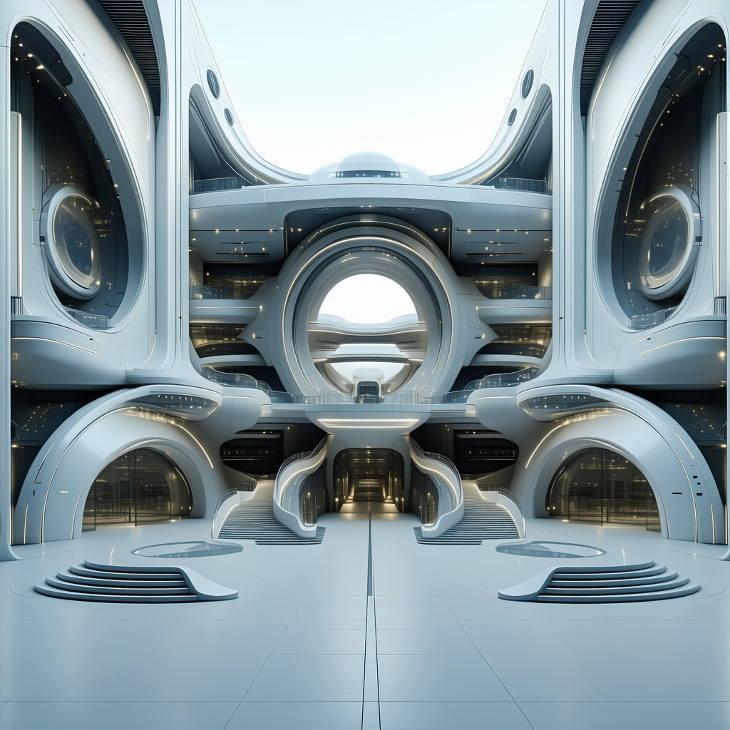 The image is a futuristic, white, and blue building with a large ci...