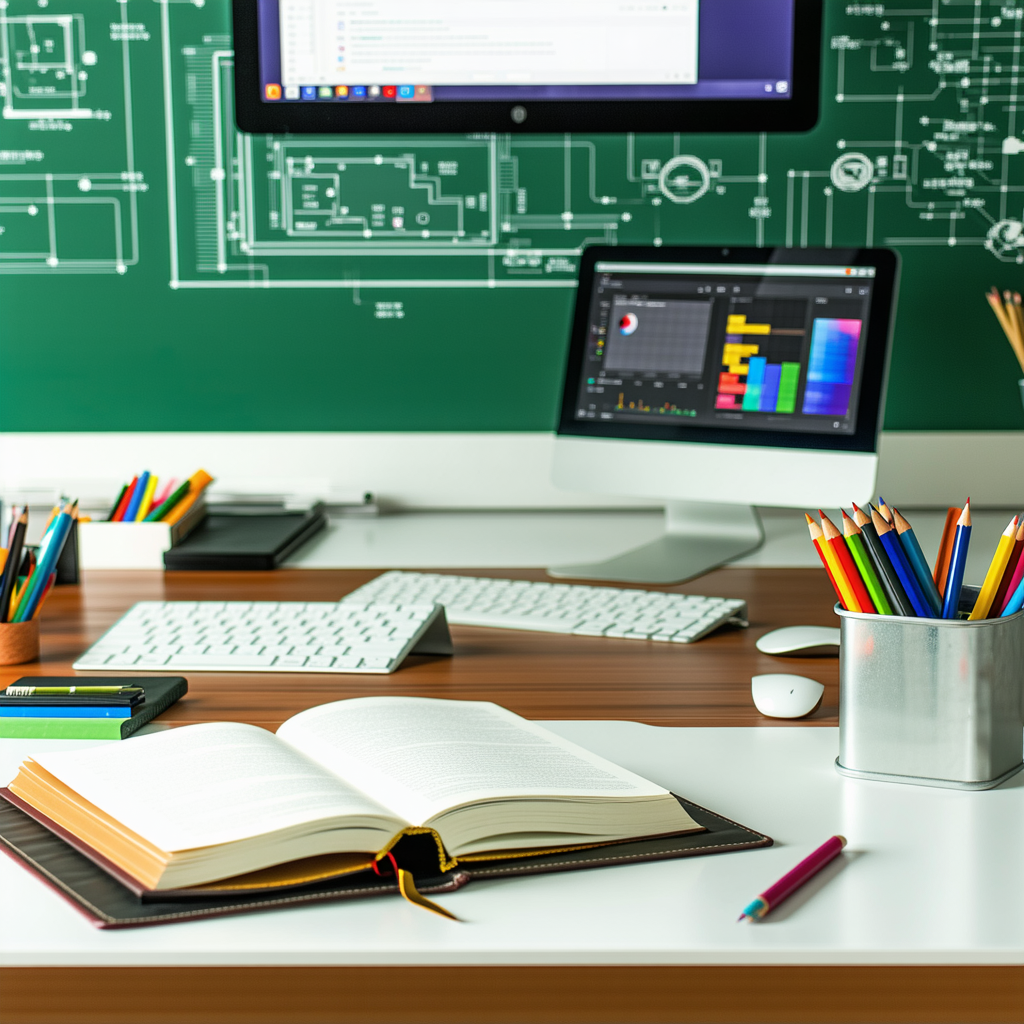 The image features a wooden desk with a laptop computer and a monit...
