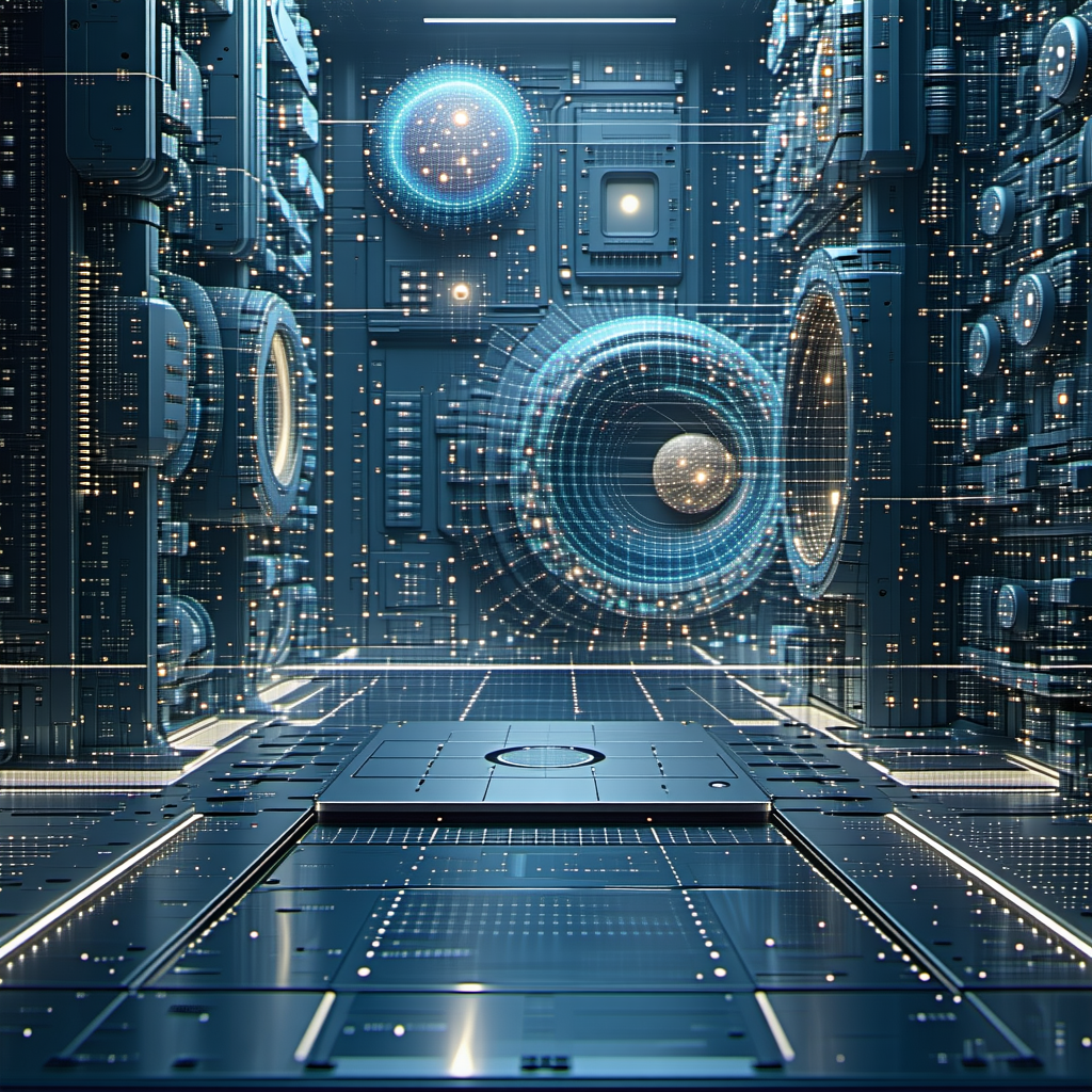 In the image, there is a futuristic scene with a large, blue, and b...
