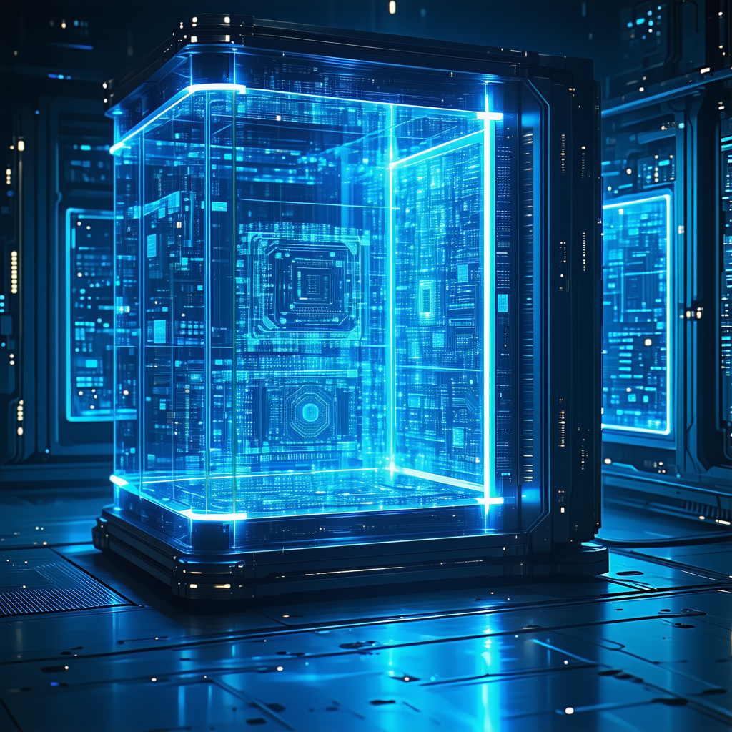 In the image, there is a large blue box with a holographic display.