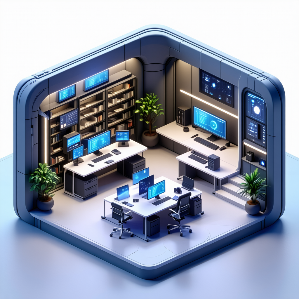 The image depicts a futuristic office space with a large number of ...