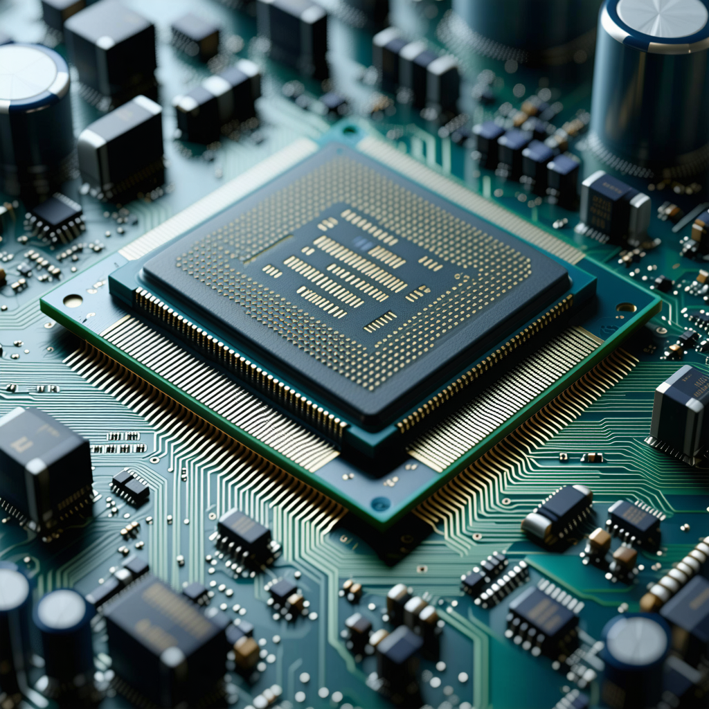 The image features a close-up of a computer chip, which is the cent...