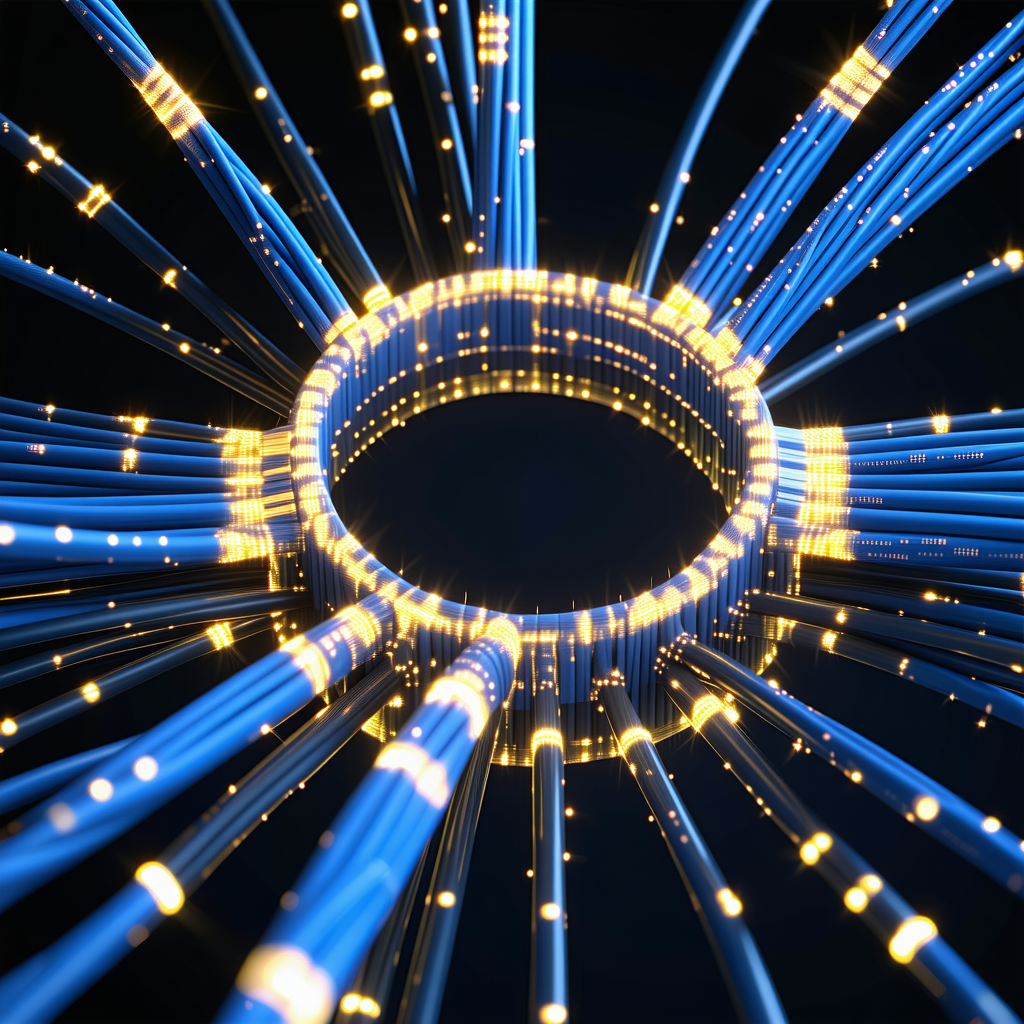 The image features a blue light show, possibly a light sculpture or...
