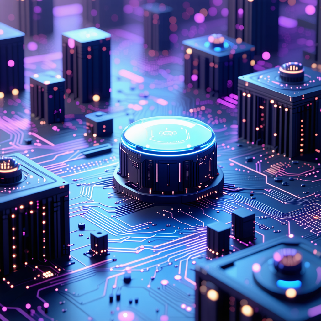 The image is a futuristic cityscape with a purple hue, featuring a ...