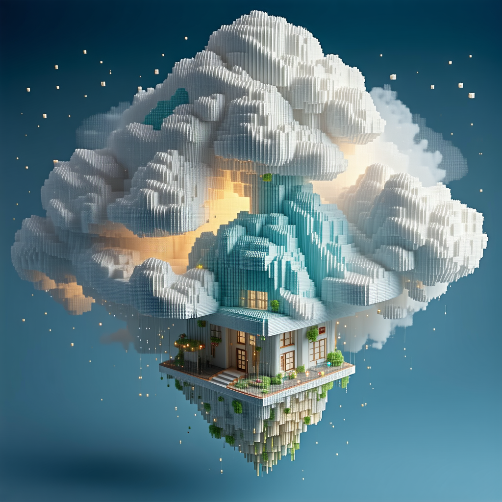 A house is depicted in a 3D model, floating in the air.