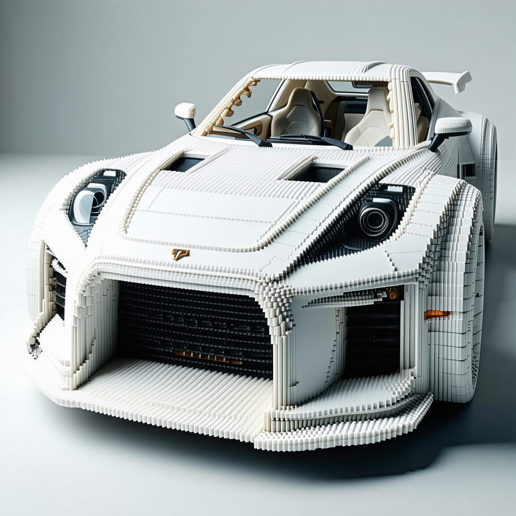 A white sports car is displayed in a white room.