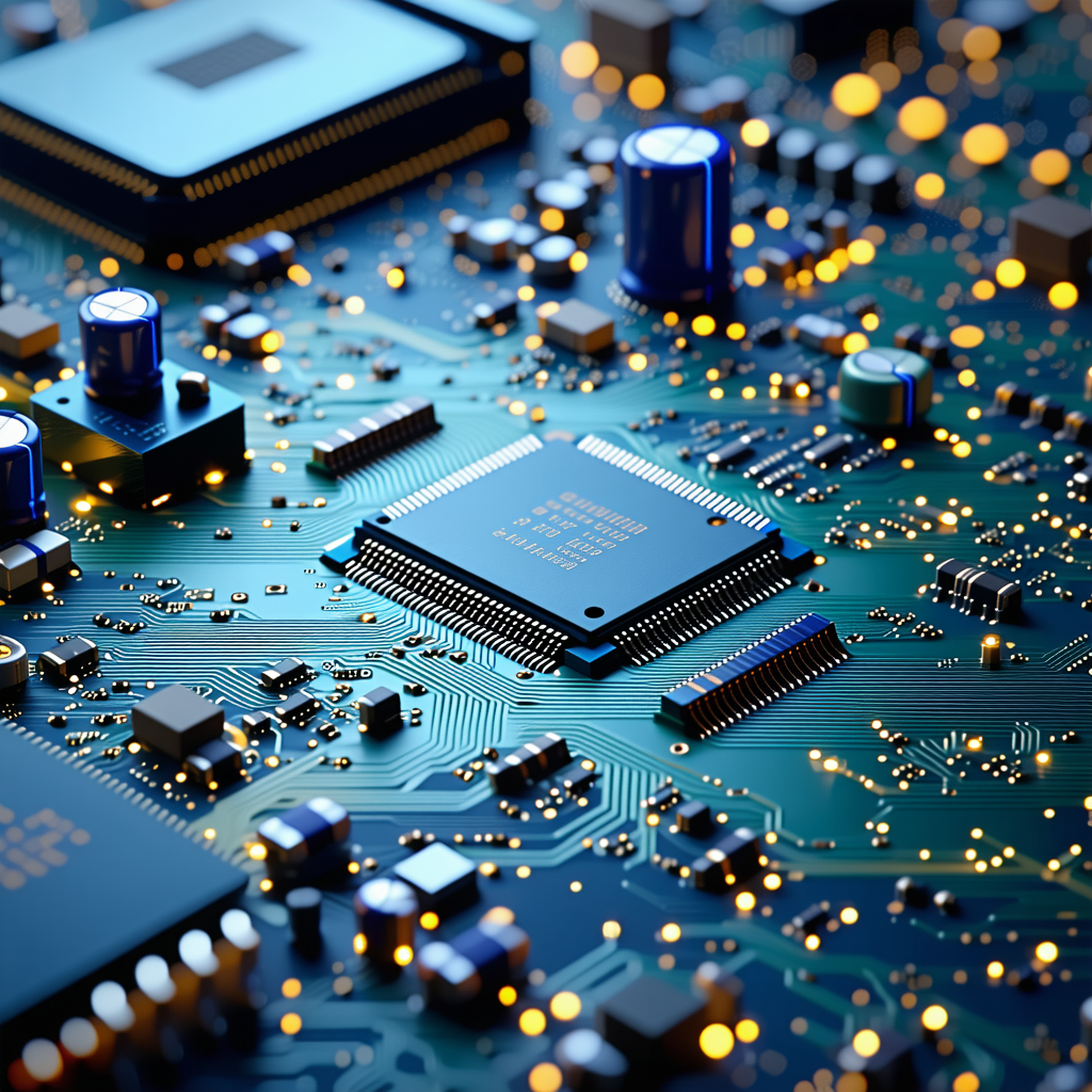 The image features a close-up of a computer chip with a blue and go...