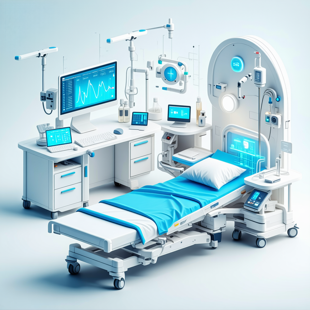A hospital room with a large bed, a desk, and a computer.