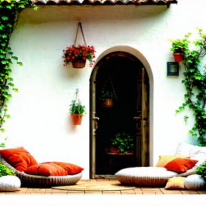 Lifestyle Digital Art: Balcony Garden With Comfortable Textiles With White Doorway