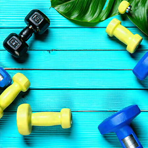 Lifestyle Drone Photography: Wellness Scene With Fitness Equipment With Wooden Table