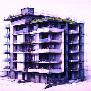 Urban Charcoal Drawing: Modern Apartment Complex With Green Rooftop With Large Building