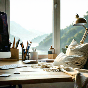 Lifestyle Landscape Photography: Home Office With Comfortable Textiles With Wooden Desk