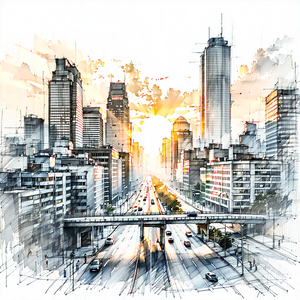 Urban Pencil Sketch: Cityscape Of Downtown District During (sunset:1.35) With Black White