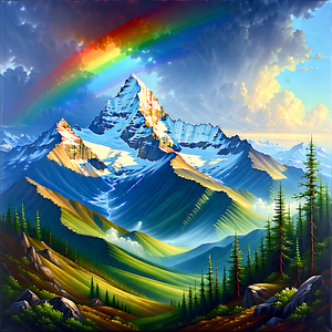 Nature Acrylic Painting: Rainbow Over Mountain Peak With Beautiful Mountain