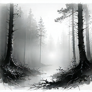 Nature Pencil Sketch: Forest Scene During Foggy Morning With Forest Scene