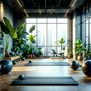 Lifestyle Matte Painting: Wellness scene with fitness equipment