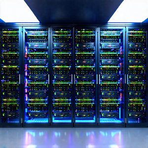 Tech Voxel Art: Server Rack With Data Streams With Large Computer