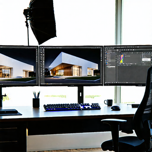 Business Architectural Photography: Creative Professional Using Multiple Monitors With Image, There