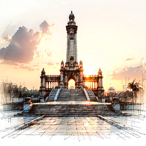 Urban Pencil Sketch: Historic Monument With Sunset Glow With Large, Ornate