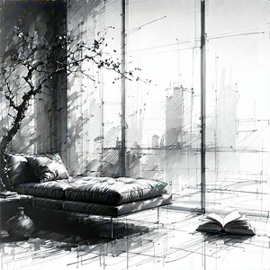 Lifestyle Charcoal Drawing: Reading Nook With Minimalist Decor With Image, There