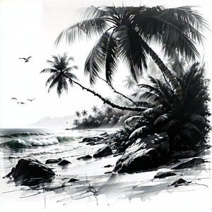 Nature Charcoal Drawing: Tropical Plants In Coastal Environment With Black White