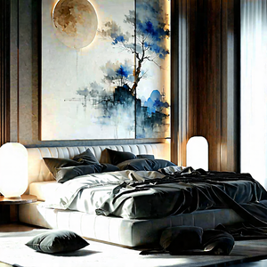 Lifestyle Watercolor Painting: Bedroom Sanctuary With Minimalist Decor With Large White