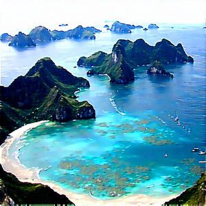 Nature Watercolor Painting: Aerial View Of Coastal Islands With Beautiful Blue