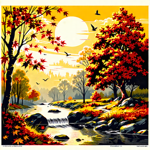 Lifestyle Linocut Print: Holiday Celebration During Autumn With Painting Forest
