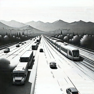Urban Ink Drawing: Aerial View Of Transportation Hub With Train Traveling