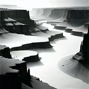 Nature Charcoal Drawing: Aerial View Of Canyon System With Black White