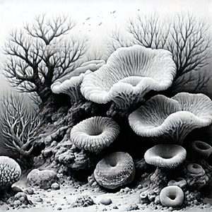 Nature Charcoal Drawing: Coral Reef In Dry Season With Black White