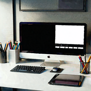 Business Macro Photography: Workplace with (digital:1.21) devices on desk